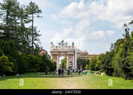 Arch of Peace (Arco della Pace) in Sempione Park, a large city park in Milan, Italy. Stock Photo