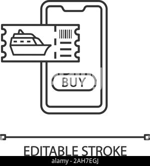 Cruise tickets buying linear icon. Thin line illustration. Online cruise deal, discounts. Shore excursions booking with smartphone. Contour symbol. Ve Stock Vector