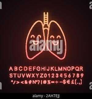 Smiling human lungs neon light icon. Respiratory health. Healthy pulmonary system. Glowing sign with alphabet, numbers and symbols. Vector isolated il Stock Vector