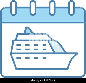 Cruise departure date color icon. Vacation cruise. Calendar page with ship. Summer travel, voyage schedule, timetable. Travel itinerary. Isolated vect Stock Vector