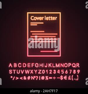 Cover letter neon light icon. Job application. Introduction letter. Document. Glowing alphabet, numbers. Vector isolated illustration Stock Vector
