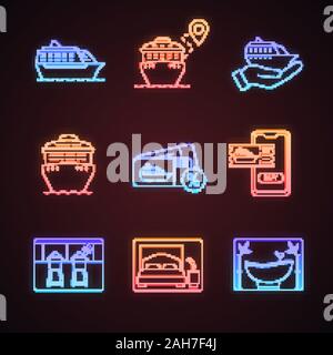 Cruise neon light icons set. Summer voyage. Cruise service, ships, trip route, bedroom, treadmills, spa salon, cheap deal. Glowing signs. Vector isola Stock Vector