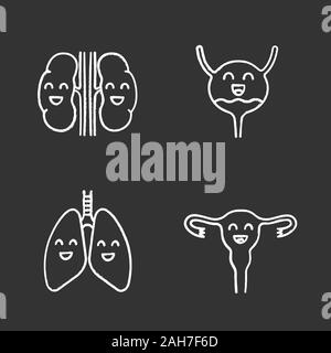 Smiling human internal organs chalk icons set. Happy kidneys, urinary bladder, lungs, uterus. Healthy pulmonary, urinary, reproductive systems. Isolat Stock Vector