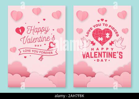 Set of Happy Valentines Day poster, flyer, greeting cards. Set invitation, posters, brochure, voucher, banners with clouds, bird, key, hearts. Vector Design for Valentines Day Stock Vector