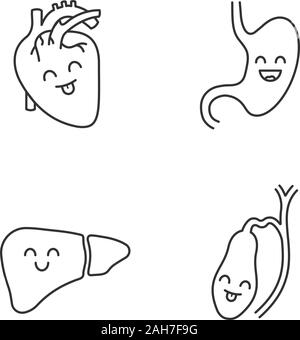 Smiling human internal organs linear icons set. Thin line contour ...