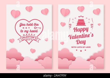 Set of Happy Valentines Day poster, flyer, greeting cards. Set invitation, posters, brochure, voucher, banners with clouds, bird, key, hearts. Vector Design for Valentines Day Stock Vector