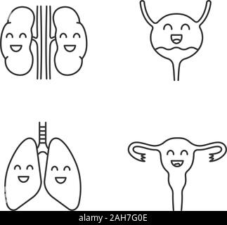 Smiling human internal organs linear icons set. Thin line contour symbols. Happy kidneys, lungs, uterus. Healthy pulmonary, reproductive systems. Isol Stock Vector