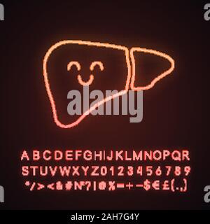 Smiling liver neon light icon. Healthy digestive gland. Liver health. Glowing sign with alphabet, numbers and symbols. Vector isolated illustration Stock Vector