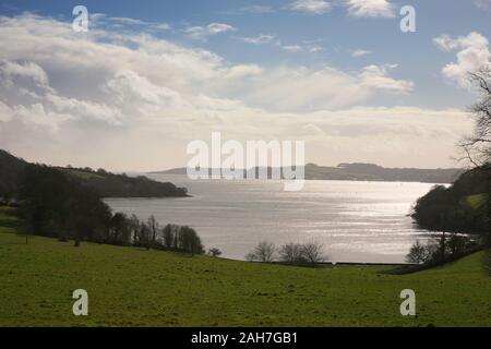 View over Carrick Roads, from Trelissick House, Feock, Cornwall, UK Stock Photo