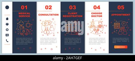 Clinic center onboarding mobile web pages vector template. Medicine and healthcare. Doctor appointment. Smartphone website interface idea with linear Stock Vector