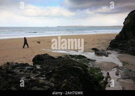 Carbis Bay (aka Barrepta Cove), and the view across St. Ives' Bay to Godrevy Point, Cornwall: walking the dog at low tide Stock Photo