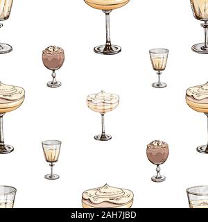 Vector seamless pattern with New Year drinks isolated on white. Christmas print with beverages. Endless texture. Eggnog, hot chocolate, champagne Stock Vector