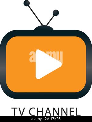 Online TV Channel Logo Design Template, TV icon, White Play Button, Live Streaming, Entertainment Company, Antenna, Yellow Orange, Black, Vector EPS10 Stock Vector