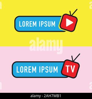 Online TV Channel Logo Design Template, TV icon,  Live Streaming, Entertainment Company, Antenna, Play Button, Cyan, Light Blue, Red, Yellow, Pink Stock Vector