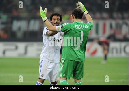 Milan, Italy , 03 NOVEMBER 2010, 'San Siro' Stadium,  UEFA Champions League 2010/2011, AC Milan - Real Madrid CF: Iker Casillas and Marcelo Stock Photo