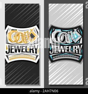 Vector layouts for Jewelry, brochure with illustration of set golden rings, earrings with english lock and elegance platinum pendant with blue shiny p Stock Vector