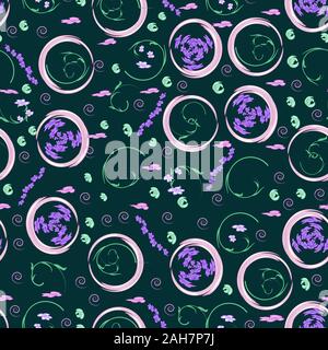 Seamless pattern with floral, circles, flowers, strokes, geometric elements. Motifs scattered random. Seamless texture for textiles, fabrics, print. Stock Vector
