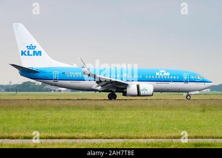 A Boeing 737 passenger aircraft of KLM Royal Dutch Airlines at the Amsterdam Airport Schiphol. Stock Photo