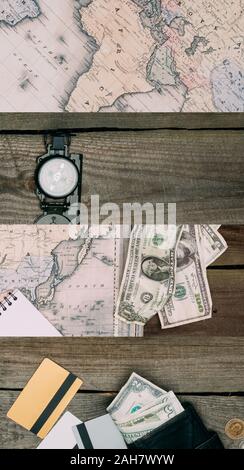 collage of map, compass, dollar banknotes and credit cards on wooden table, travel concept Stock Photo