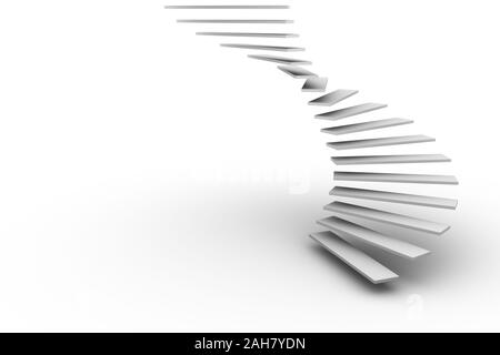A floating 3D illustrated minimalist spiral staircase over a bright white background.  Lots of negative space for copy or graphics. Stock Photo