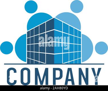 Real Estate Group Logo Design Template, Blue Building Surrounded by Human Logo Concept, People Icon, Circle Humanism, Construction, Architecture Stock Vector