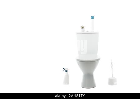 ceramic clean toilet bowl with air freshener and plant near toilet brush, detergent isolated on white Stock Photo