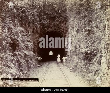 Jamaica, A woman and two men stand at the entrance to a railway tunnel cut through a rockface. The original caption identifies this as 'Comfort Hall Tunnel', located on an extension line running between Porus and Montego Bay.Caption reads: 1. Extension from Porus to Montego BayCaption in the negative reads: 65½ miles. Comfort Hall Tunnel, 1894-1895. 1999/221/1/62/1. Stock Photo