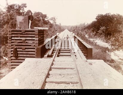 Trinidad & Tobago, Trinidad Government Railway workers stand on bridge, built to carry the Sangre Grand railway line across the Balata River. Caption reads: Sangre Grand railway, Trinidad Bridge over the Balata River, [c.1895]. 1999/221/1/25/29. Stock Photo