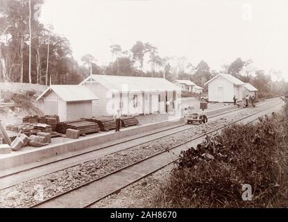 Trinidad & Tobago, Trinidad Government Railway workers put the finishing touches to Longdenville railway station, a stop near Chaguanas on the new Rio Claro railway line. Caption reads: Caparo Valley Railway, Longdenville Station, [c.1895]. 1999/221/1/25/37. Stock Photo