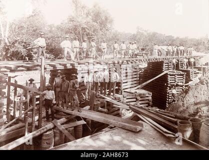 Trinidad & Tobago, Trinidad Government Railway workers pose for the camera during the construction of a temporary railway bridge over the Caparo River, part of a railway extension running through the Caparo Valley to Rio Claro. Caption reads: Caparo Valley Railway, Temporary Bridge over Caparo River, [c.1895]. 1999/221/1/25/36. Stock Photo