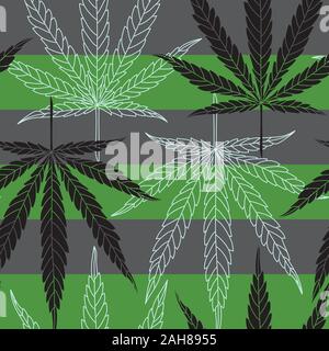 Hemp Leaf Detailed Line Drawing Seamless Pattern on Green and Gray Striped Background Stock Vector