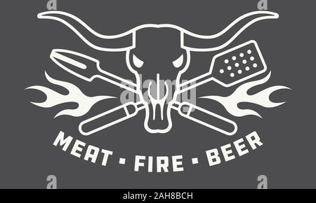 Meat, Fire, Beer Barbecue Badge or Logo with cow skull and crossed utensils. Contemporary, modern flat design outline style. Stock Vector