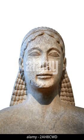 Naxian marble Ancient Greek Archaic statue of a kouros, found in Ptoan Apolla Sactuary, Boeotia, mid 6th cent BC, Athens National Archaeological Museu Stock Photo