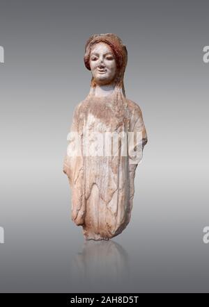 Ancient Greek Archaic statuette of a  kore, found in the Acropolis Athens, 490 BC, Athens National Archaeological Museum. Cat no BE 16/2009.  Against Stock Photo