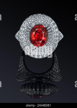 Engagement wedding luxury white gold diamond ring isolated on black background with reflection, included clipping path. Big natural Garnet, Spessartit Stock Photo