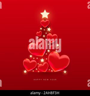 Creative composition with red realistic heart shapes and stars in the form of a Christmas tree on a red background Stock Vector
