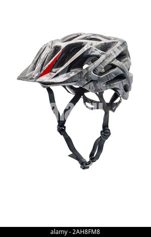 Gray Camouflage Color Cycling Helmet Isolated on White. Three Quarters View of Protective Sports Equipment Stock Photo