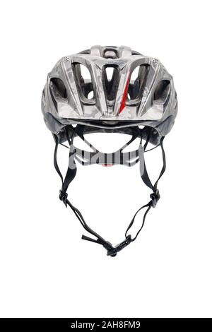 Gray Camouflage Color Cycling Helmet Isolated on White. Front View of Protective Sports Equipment Stock Photo