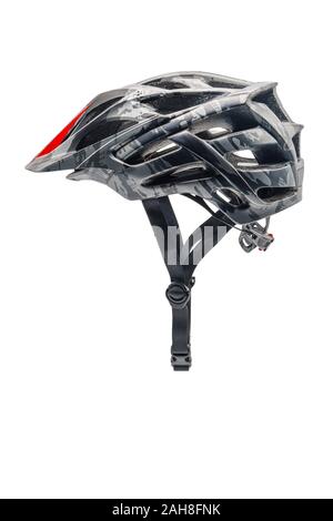 Gray Camouflage Color Cycling Helmet Isolated on White. Side View of Protective Sports Equipment Stock Photo
