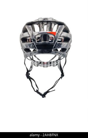 Gray Camouflage Color Cycling Helmet Isolated on White. Back View of Protective Sports Equipment Stock Photo