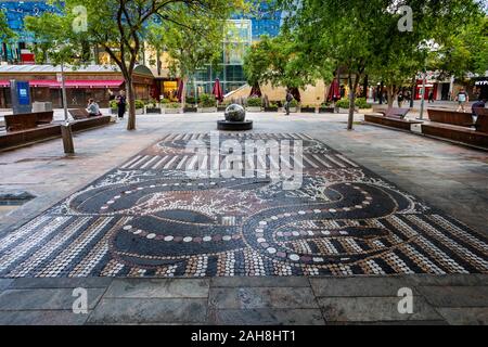 Mosaic and globe water feature in Forrest Place, Perth, Western Australia on 23 October 2019 Stock Photo