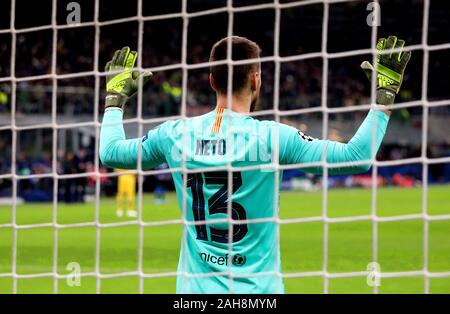 MILAN, ITALY - December 10, 2019:  Neto prayes before the UEFA Champions League 2019/2020 INTER v BARCELONA at San Siro Stadium. Stock Photo