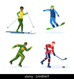 Winter activities flat vector illustrations set. Woman skiing, men skating, snowboarding and playing hockey, doing extreme sports, having fun. Skier, skater cartoon characters isolated on white Stock Vector