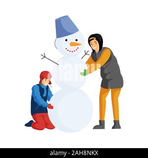 Kids making snowman flat vector illustration. Brothers, friends playing with snow, having fun together and enjoying winter activity. Children cartoon characters isolated on white background Stock Vector