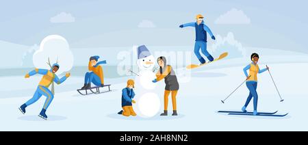 People having winter fun flat illustration. Kids making snowman together, sledding, people snowboarding, skating and skiing. Young spending time outdoors, enjoying snow activities cartoon characters Stock Vector