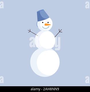 Cute snowman simple flat vector illustration. Funny snow man with bucket and carrot icon isolated on blue background. Christmas, New Year outdoor decoration, winter color cartoon symbol Stock Vector