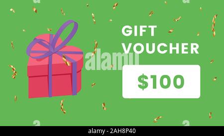 Gift voucher card vector design template. Holiday certificate, Birthday coupon with isometric gift box on green background. New Year, Christmas special offer, store discount banner printable layout Stock Vector