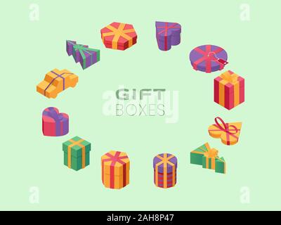 Gift boxes isometric vector frame. Christmas festive background with 3d wrapped presents isolated on green. Decorative border, surprise packages backdrop for Xmas, New Year greeting card design Stock Vector