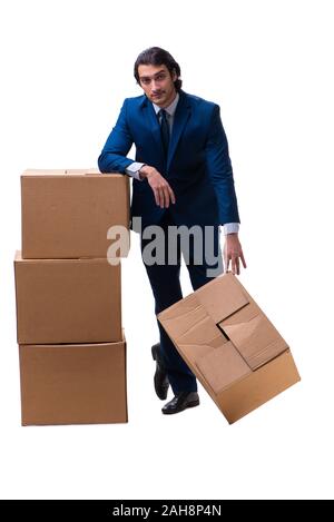 The young male employee with boxes isolated on white Stock Photo