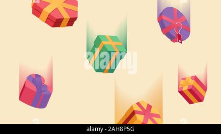 Falling gift boxes festive vector background. Green, yellow birthday, Christmas giftboxes rain isolated on beige. Flying Xmas, New Year surprises packages, wrapped presents decorative backdrop Stock Vector